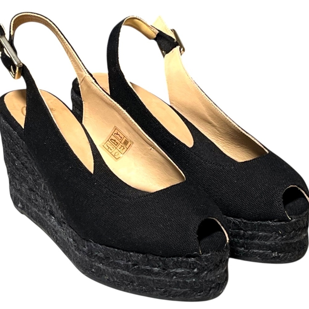 Castaner Dosalia Espadrille Wedge Slingback Peep Toe Black Canvas EU 37 US 6.5